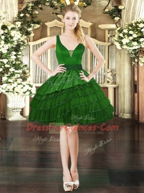 Elegant Dark Green Lace Up Prom Party Dress Beading and Embroidery and Ruffled Layers Sleeveless Mini Length