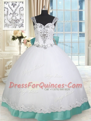 Ideal White and Green Straps Lace Up Beading and Lace and Bowknot Quince Ball Gowns Sleeveless