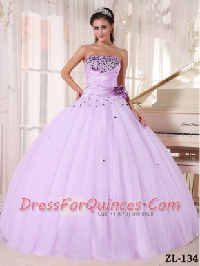 Elegant Lilac Ball Gown Strapless Floor-length Tulle Beading and Ruching Quinceanera Dress