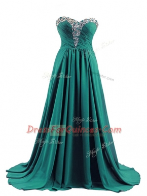 Turquoise Sleeveless Elastic Woven Satin Brush Train Lace Up Prom Dresses for Prom and Party and Beach