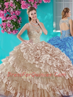 Ruffled Layers and Beaded Champagne Sweet 16 Dress in Organza and Taffeta