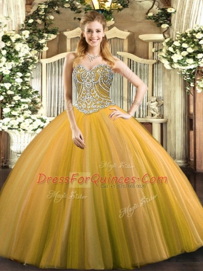 Floor Length Gold Quince Ball Gowns Sweetheart Sleeveless Lace Up