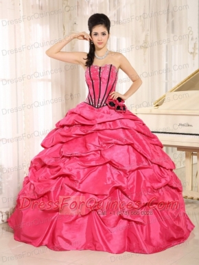 Quinceanera Dress With Pink Beaded and Hand Made Flowers Pick-ups For Custom Made