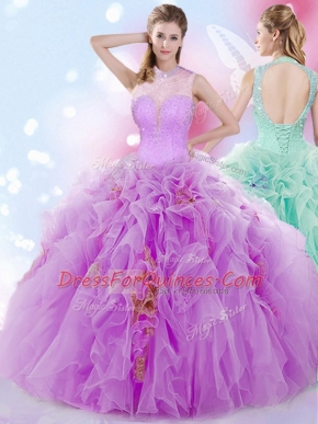 Luxurious Halter Top Lilac Lace Up Sweet 16 Dress Beading and Ruffles Sleeveless Floor Length