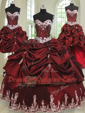 Glittering Four Piece Wine Red Lace Up Sweetheart Beading and Appliques and Pick Ups Sweet 16 Quinceanera Dress Taffeta Sleeveless