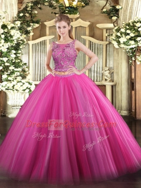 Floor Length Hot Pink Quince Ball Gowns Tulle Sleeveless Beading