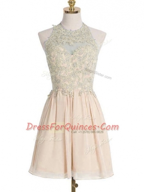 Glorious Champagne Empire Chiffon Halter Top Sleeveless Appliques Knee Length Lace Up Dama Dress for Quinceanera