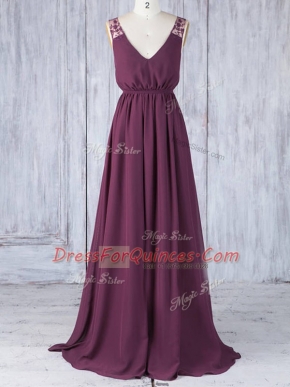 Edgy Chiffon V-neck Sleeveless Backless Appliques Quinceanera Court Dresses in Burgundy