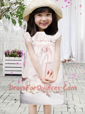 Appliques Bateau Short Sleeves Zipper-up Satin Flower Girl Dress in Baby Pink