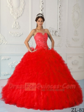 2013 Red Ball Gown Sweetheart With Floor-length Satin and Organza Beading Quinceanera Dress
