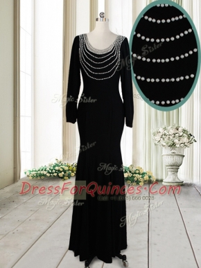 Artistic Scoop Black Column/Sheath Beading Prom Evening Gown Backless Elastic Woven Satin Long Sleeves Floor Length