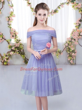 Belt Vestidos de Damas Lavender Lace Up Short Sleeves Knee Length