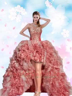 2015 Top Seller Beading and Ruffles Pink Dama Dress For Quinceanera Party