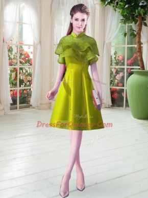 Olive Green Cap Sleeves Satin Lace Up Prom Gown for Prom