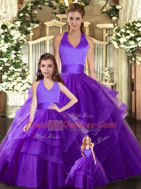 Custom Designed Halter Top Sleeveless Lace Up Ball Gown Prom Dress Purple Tulle
