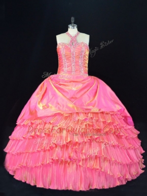 Rose Pink Ball Gowns Halter Top Sleeveless Organza Floor Length Lace Up Beading and Ruffled Layers Sweet 16 Dresses