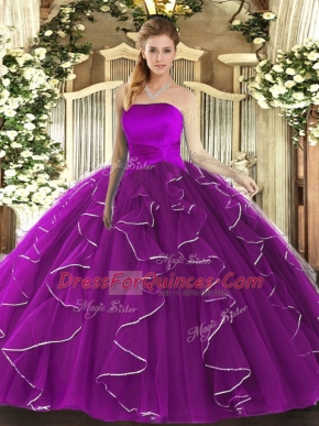 Free and Easy Sleeveless Floor Length Ruffles Lace Up Quinceanera Dresses with Purple