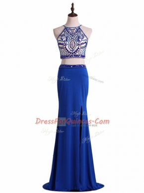 Sleeveless Floor Length Beading Zipper Prom Gown with Royal Blue