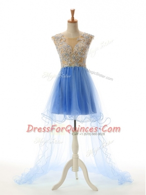 Stylish Baby Blue Sleeveless Tulle Backless Prom Dresses for Prom and Party