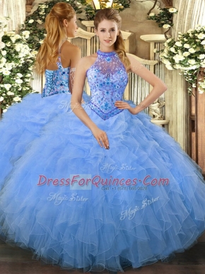 Artistic Sleeveless Floor Length Beading and Ruffles Lace Up Sweet 16 Quinceanera Dress with Baby Blue