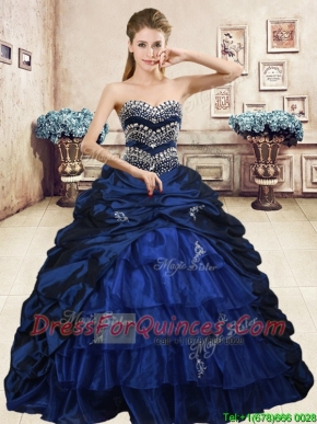 Luxurious Navy Blue Brush Train Quinceanera Dress with Beading and Pick Ups