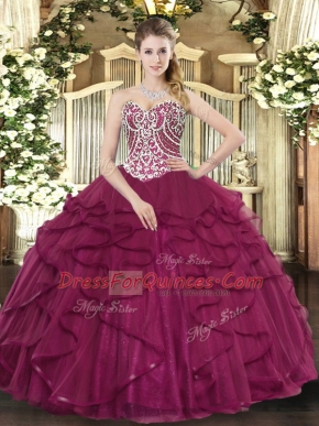 Inexpensive Burgundy Lace Up Sweetheart Beading and Ruffles Quinceanera Dresses Tulle Sleeveless