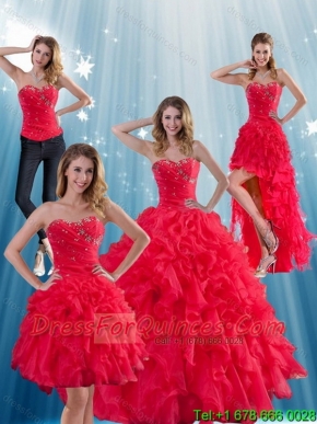 Perfect Red Strapless Quinceanera Dress with Ruffles and Beading