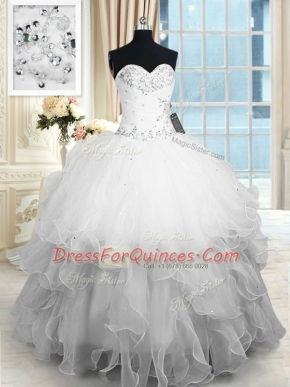 Floor Length Lace Up Vestidos de Quinceanera White for Military Ball and Sweet 16 and Quinceanera with Beading and Ruffles