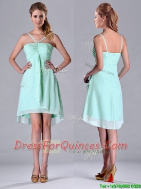 Empire Straps Apple Green Ruching Short Dama Dress in Chiffon