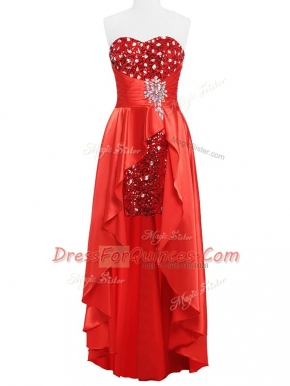 Coral Red Sweetheart Neckline Beading and Ruching Prom Dresses Sleeveless Zipper