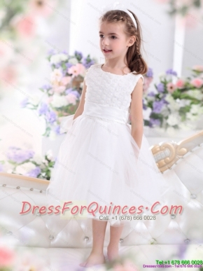 Adorable Scoop Tea Length White 2015 Little Girl Pageant Dress with Sash