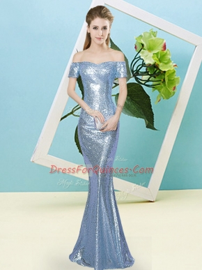 Excellent Short Sleeves Floor Length Sequins Zipper Prom Party Dress with Baby Blue