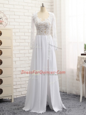 Traditional Empire Evening Dress White V-neck Chiffon Long Sleeves Floor Length Zipper