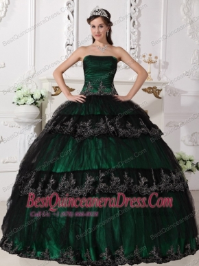 Dark Green Ball Gown Strapless Floor-length Taffeta and Tulle Appliques Quinceanera Dress