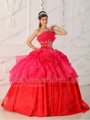 Red Ball Gown Strapless Floor-length Taffeta and Organza Appliques Quinceanera Dress