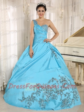 Quinceanera Dress Baby Blue One Shoulder With Appliques and Beading 2013