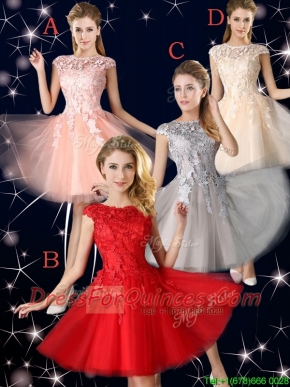 Romantic Bateau Cap Sleeves Short Prom Dresses with Lace