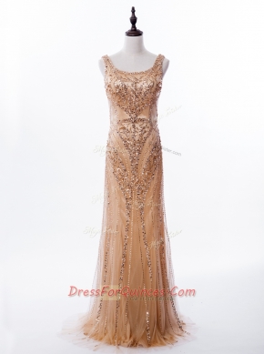Square Sequins Mermaid Sleeveless Gold Prom Evening Gown Brush Train Zipper