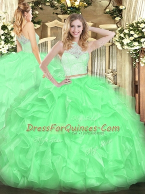Glorious Apple Green Zipper Quinceanera Dresses Lace and Ruffles Sleeveless Floor Length