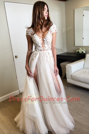 Lace Dress for Prom White Lace Up Cap Sleeves Floor Length