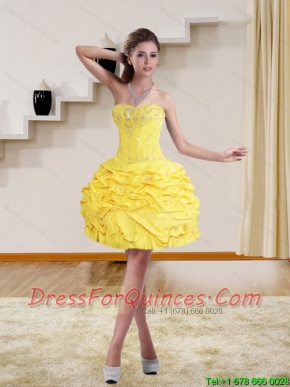 Yellow Sexy Beading Sweetheart Short 2015 Puffy Prom Dresses