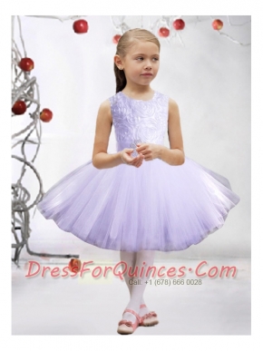 Lavender A-line Short Scoop Knee-length Little Girl Dress with Appliques and Beading