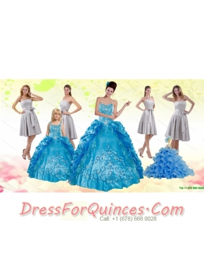 Teal Sweetheart Embroidery Quinceanera Dress and Strapless Short Dama Dresses and Spaghetti Straps Ruffles Flower Girl Dress