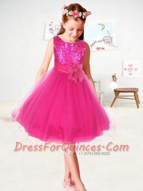 2014 Sequins and Hand Made Flowers Organza Flower Girl Dress in Hot Pink