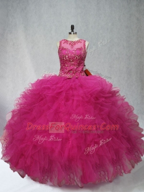 Fuchsia Lace Up Quinceanera Dresses Beading and Ruffles Sleeveless Floor Length