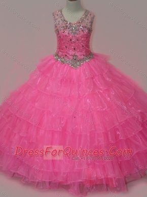 Pretty Rose Pink Little Girl Pageant Dress with Beading and Ruffled Layers