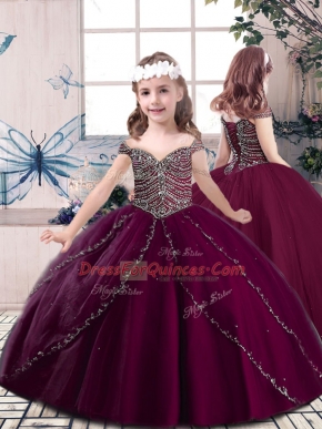 Burgundy Lace Up Straps Beading Little Girl Pageant Gowns Tulle Sleeveless