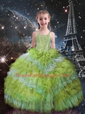 Straps Sleeveless Girls Pageant Dresses Floor Length Beading and Ruffled Layers Yellow Green Organza