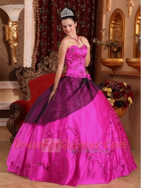 Fuchsia Ball Gown Sweetheart Floor-length Satin Embroidery with Beading For Sweet 16 Dresses