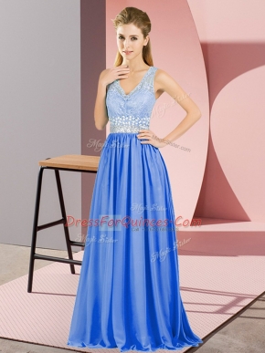 Cute Blue Sleeveless Beading and Lace Floor Length Prom Evening Gown